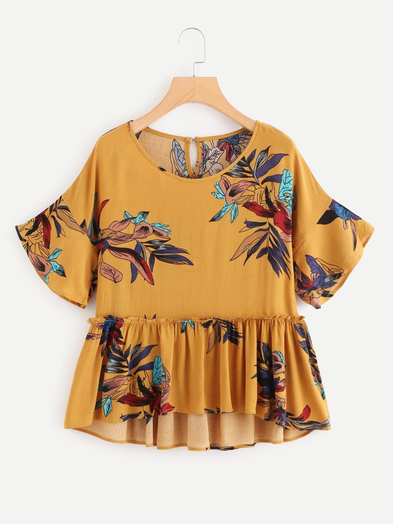 Calico Print Keyhole Back Frill Hem Babydoll Blouse calico print layered butterfly sleeve blouse
