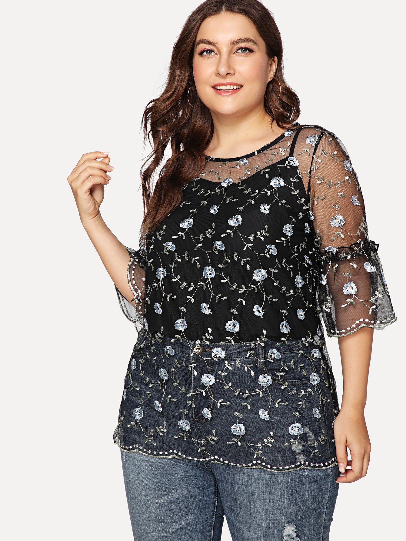 Bell Sleeve 2 in 1 Floral Mesh Dress mesh panel sleeve dress