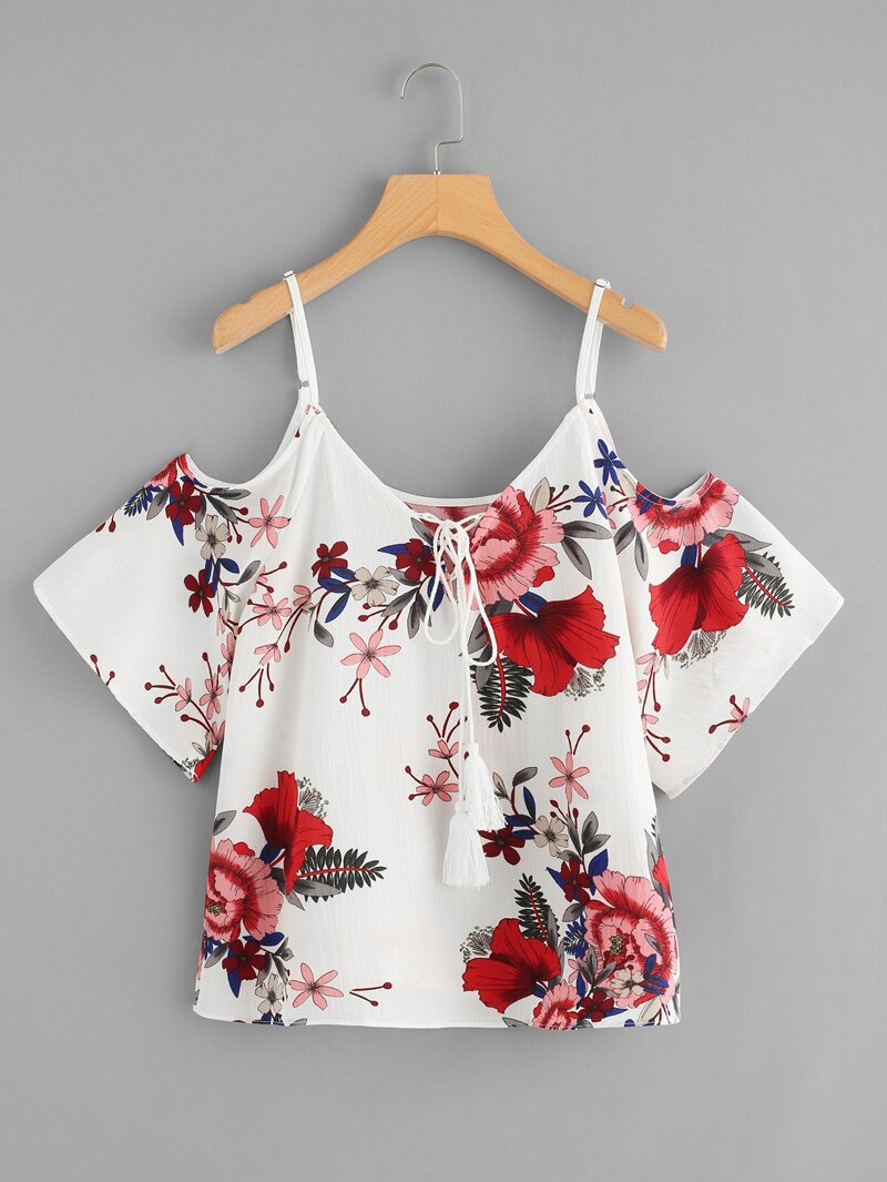 Open Shoulder Floral Print Lace Up Top, White