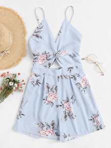 Floral Print Twist Knot Back Cami Romper