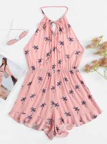 Tropical Geo Print Frill Trim Halter Romper