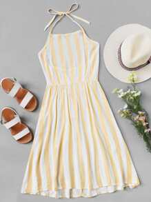 Striped Shirred Back Halter Dress