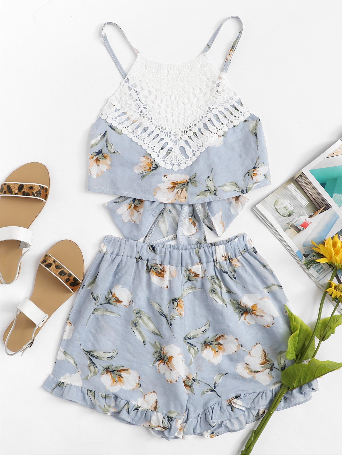 Tie Back Crochet Lace Panel Florals Top With Shorts