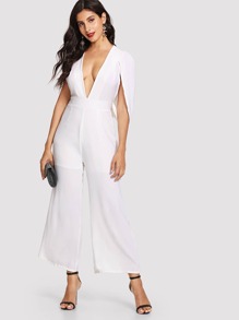 Deep V Neck Cape Wide Leg Jumpsuit