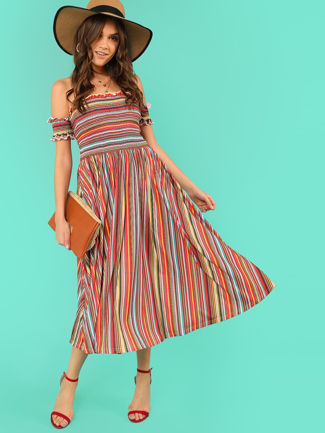 Shirred Panel Lettuce Trim Striped Bardot Dress shirred bardot tiered sleeve striped dress