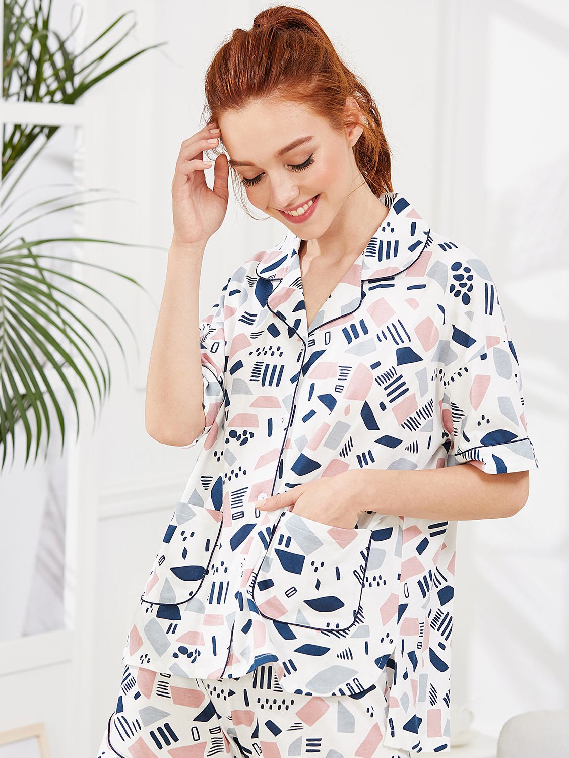 Contrast Binding Geo Print Shirt & Shorts PJ Set