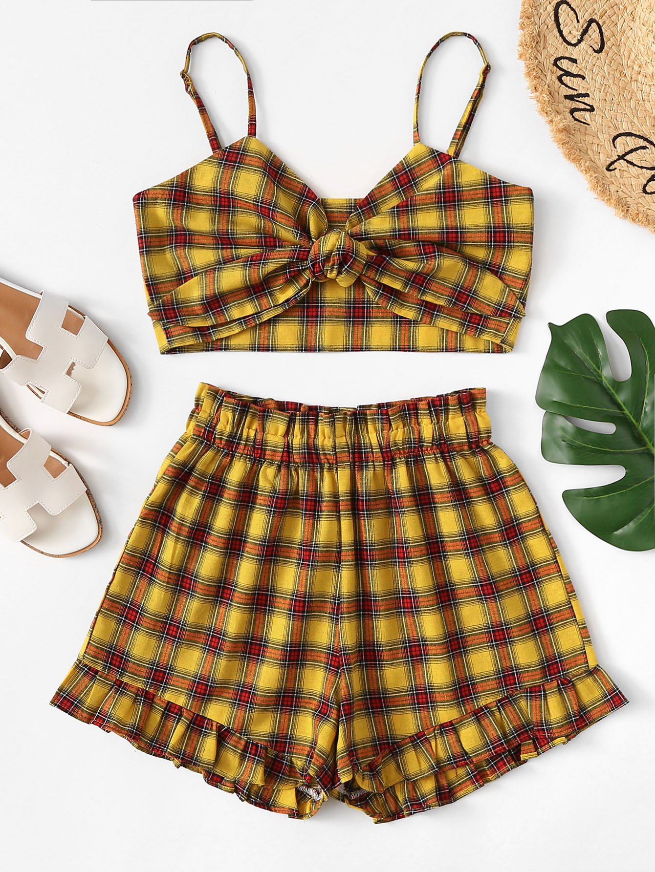 Tartan Plaid Knot Crop Cami Top With Shorts