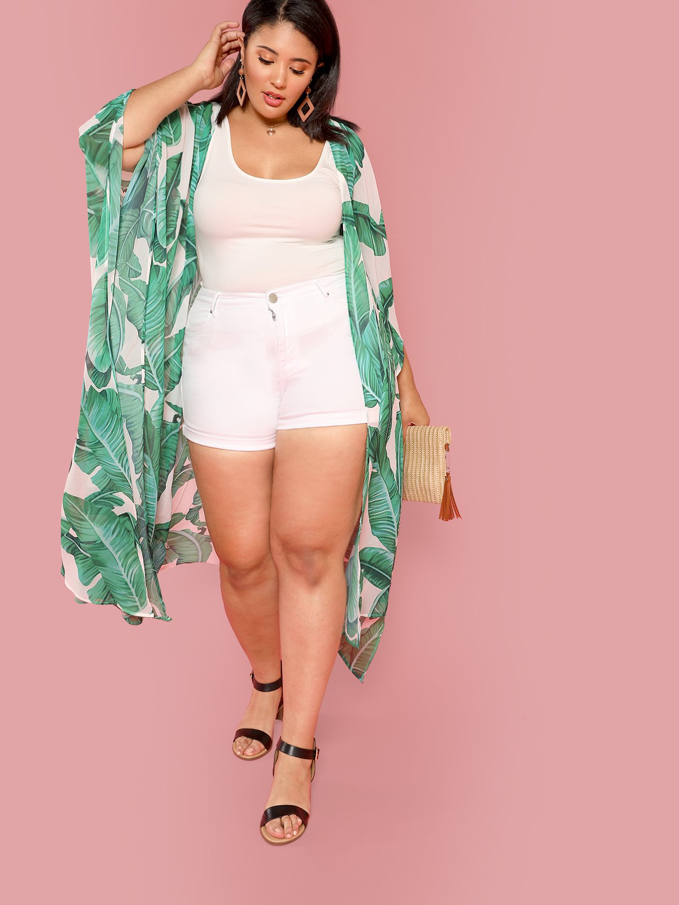 Кимоно с рукавами пончо и принтом пальм
