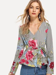Tie Waist Floral & Striped Peplum Top