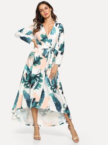 Jungle Leaf Print Wrap Front Dress