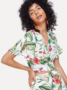 Botanical Print Surplice Wrap Top
