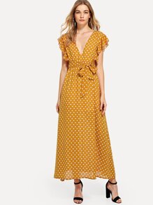 Ruffle Trim Belted Polka Dot Dress