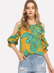 Tropical Print Open Shoulder Frill Trim Blouse