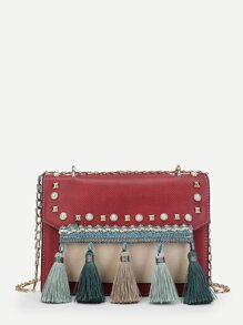 Tassel Detail Studded Chain Bag