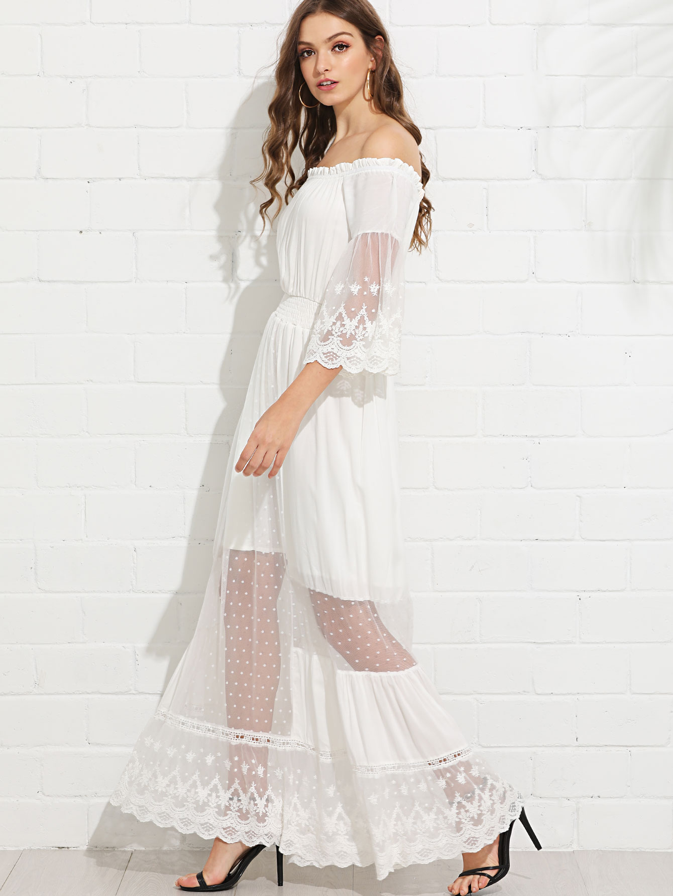 Mesh Panel Bell Sleeve Bardot Dress mesh panel sleeve dress