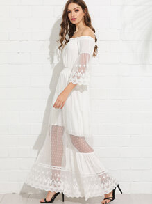 Mesh Panel Bell Sleeve Bardot Dress