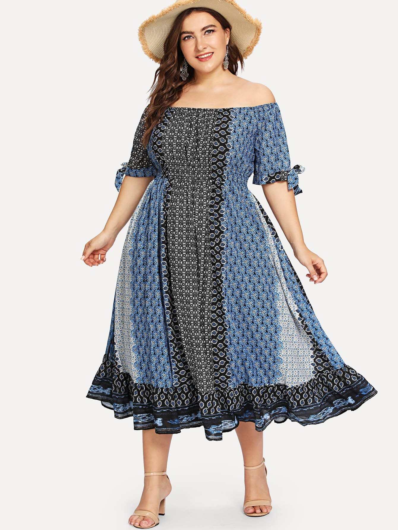 Knotted Sleeve Shirred Waist Bardot Dress shirred bardot tiered sleeve striped dress