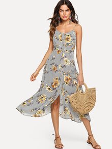 Button Through Pocket Front Floral & Striped Cami Dress