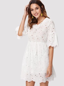 Flounce Sleeve Eyelet Embroidery Dress