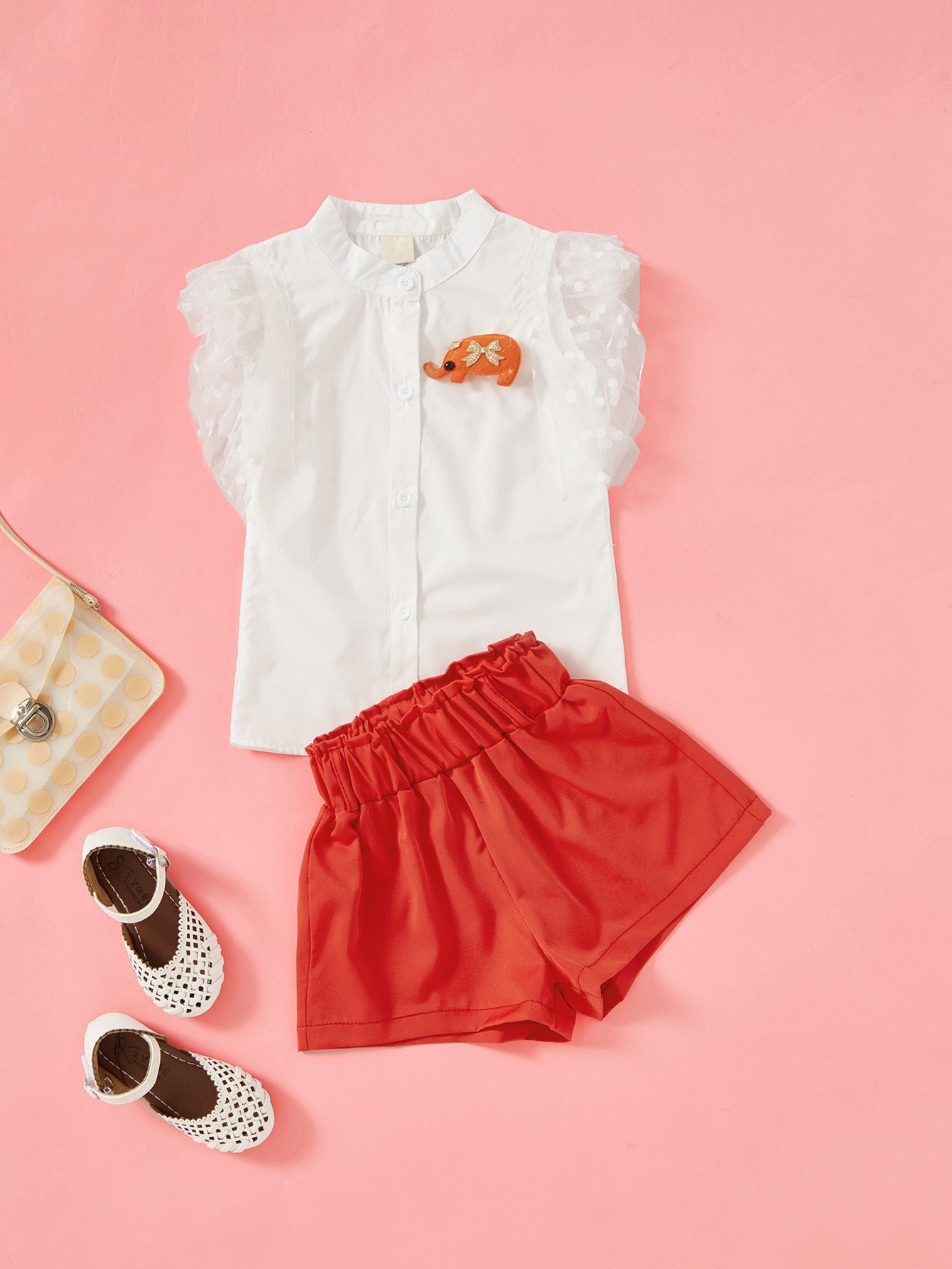 Girls Elephant Embroidery Mesh Panel Top With Shorts