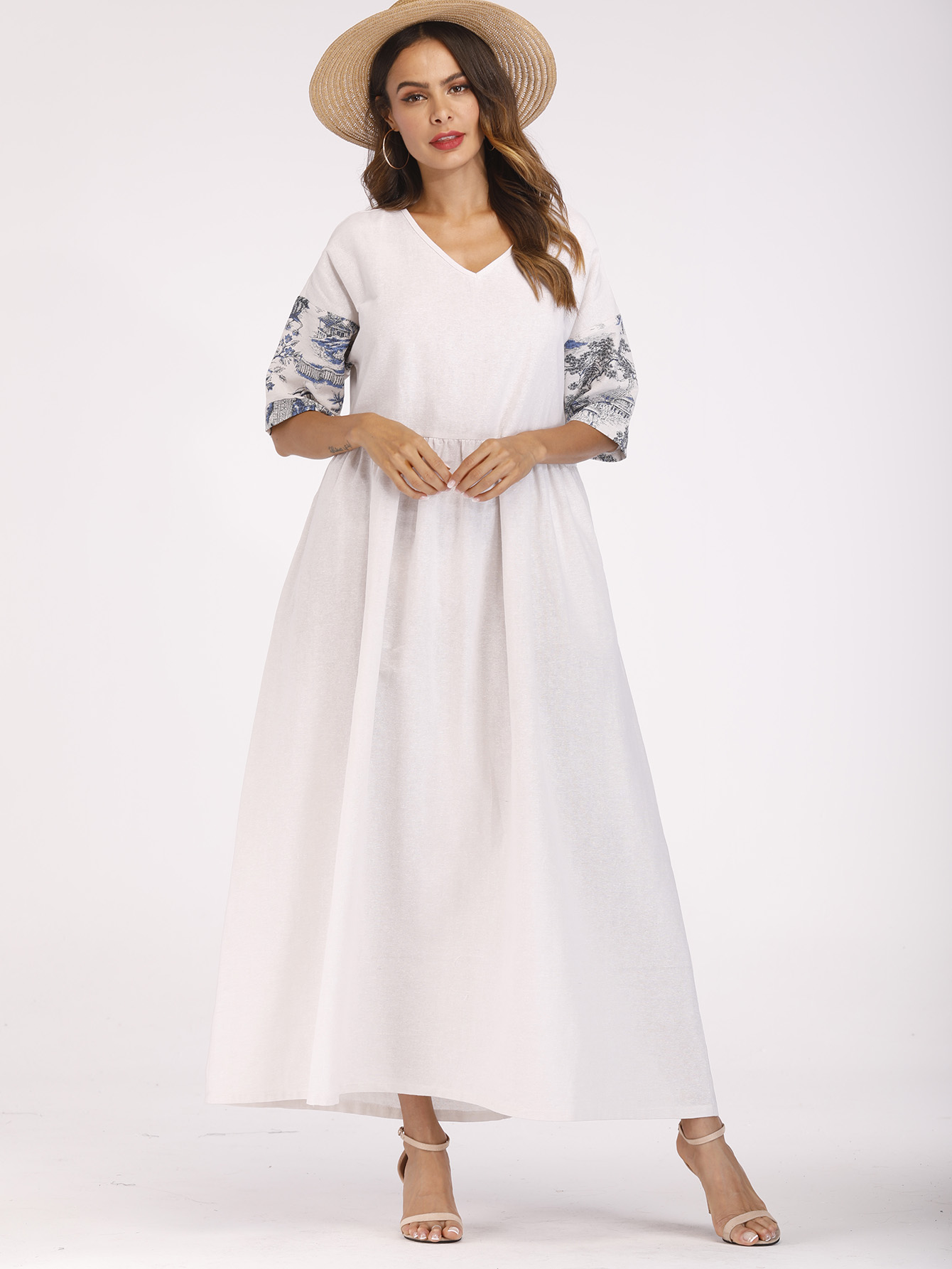 цена V Neck Landscape Print Half Sleeve Dress