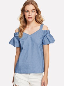 Open Shoulder Ruffle Sleeve Denim Top