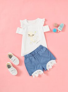 Girls Cat Print Frill Trim Tee With Shorts