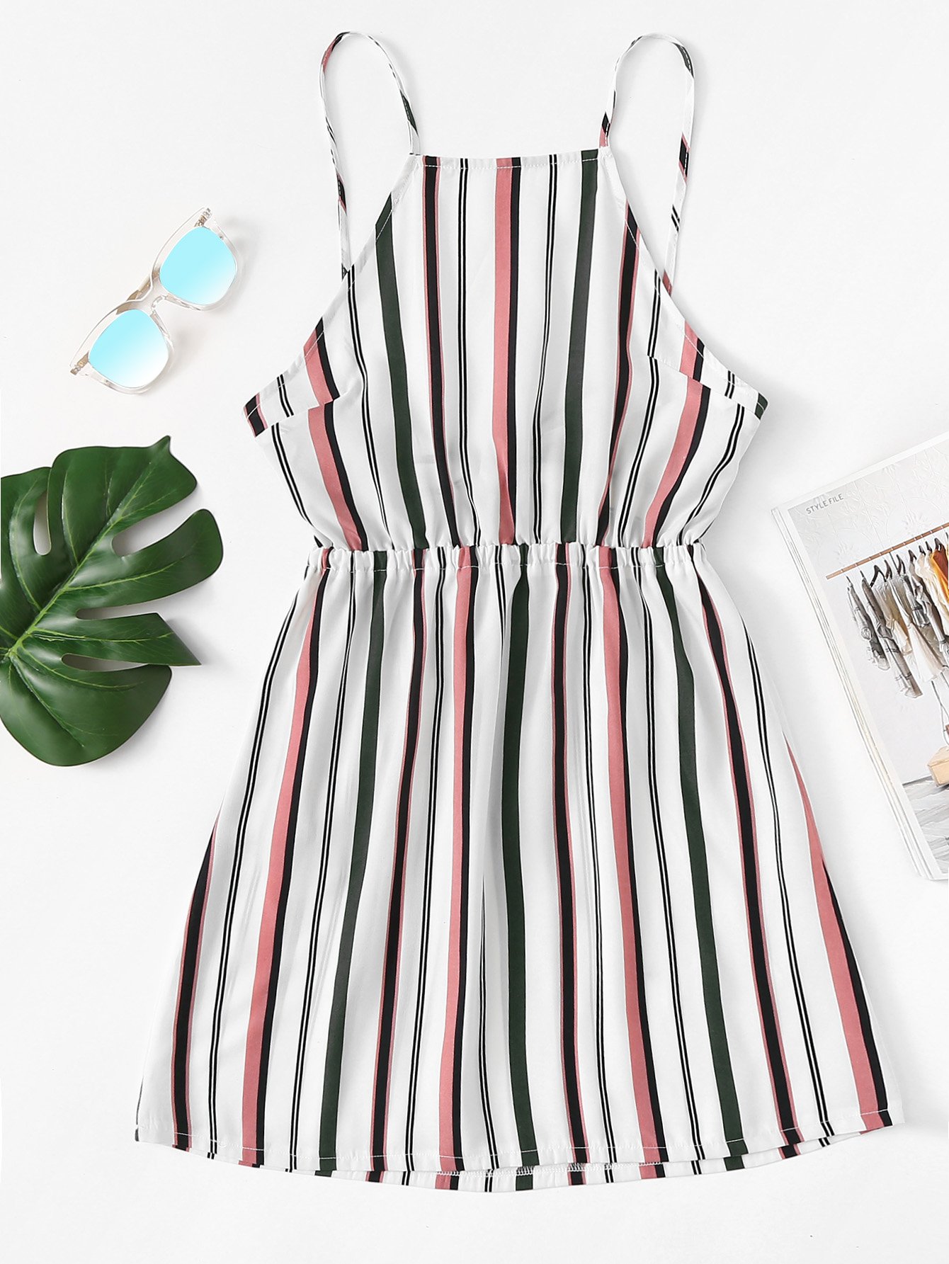 Striped Cut Out Bow Tie Open Back Cami Dress
