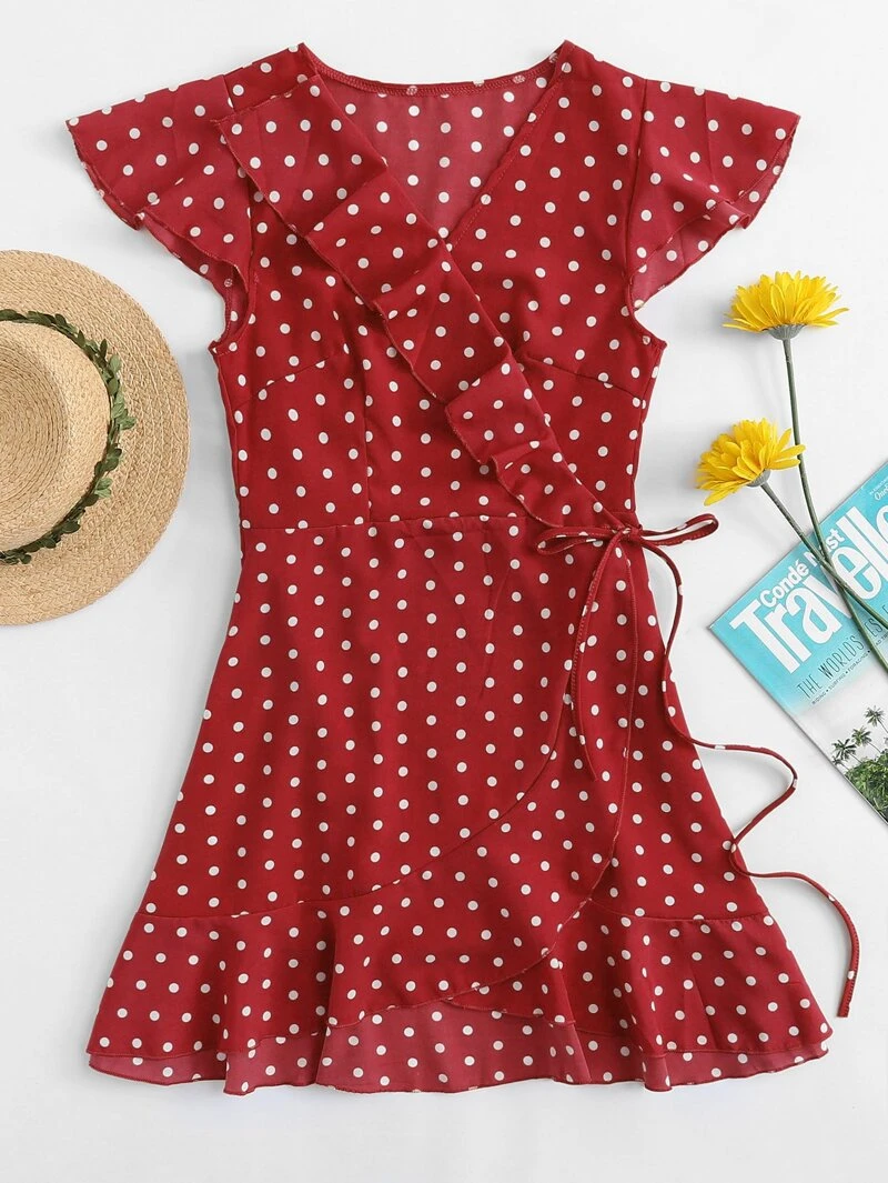 Polka Sleeve StraightV Knot Shaped Side Hem Dot Dress Neck rqprC