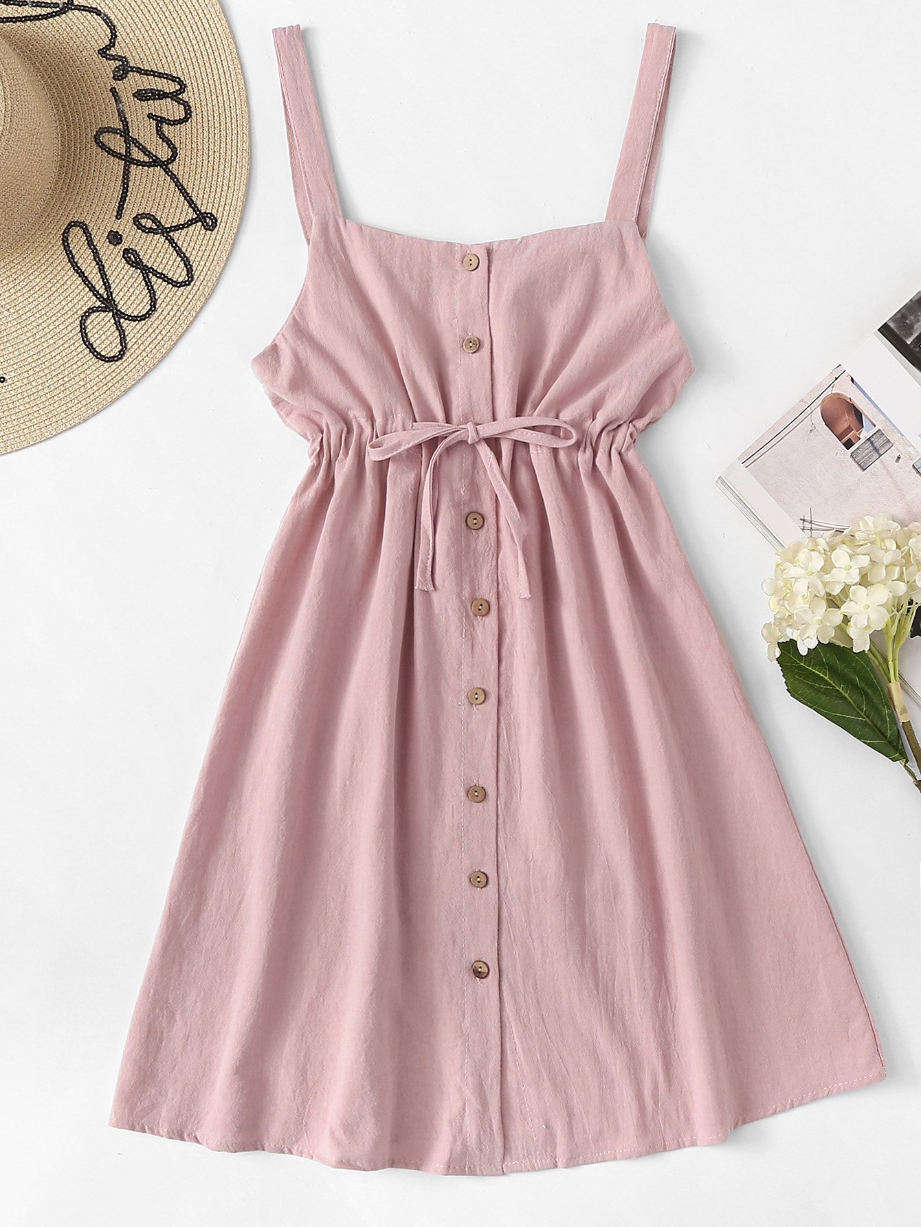 Single Breasted Drawstring Waist Pocket Side Dress