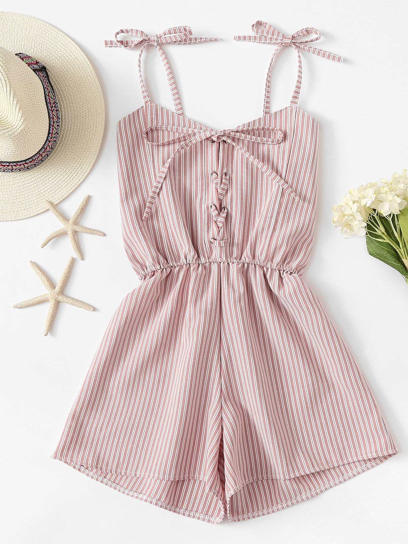 Tie Shoulder Eyelet Lace-Up Striped Jumpsuit