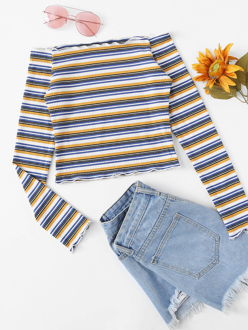 Frill Trim Striped Knit Tee, Multicolor