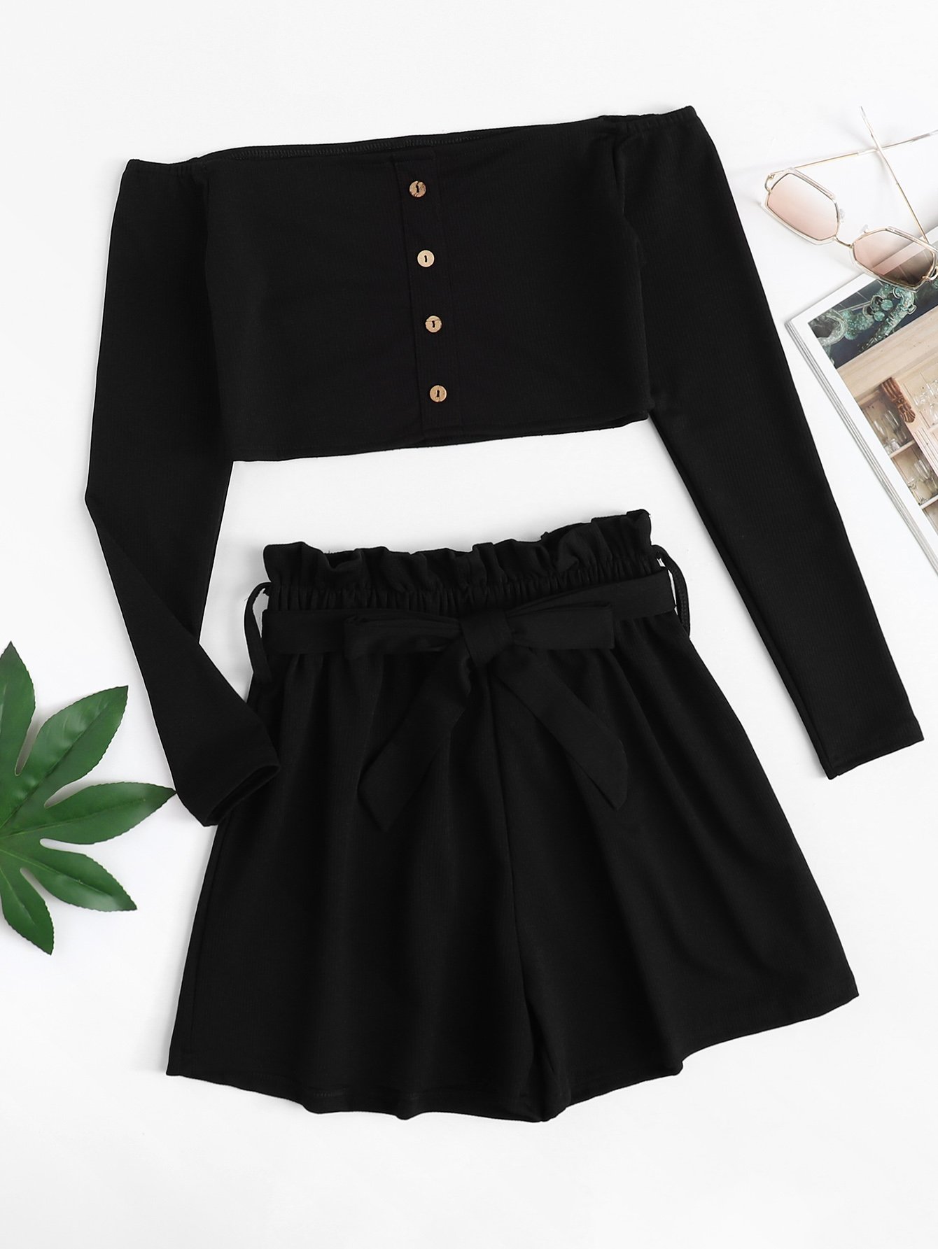 Off Shoulder Single Breasted Top With Shorts