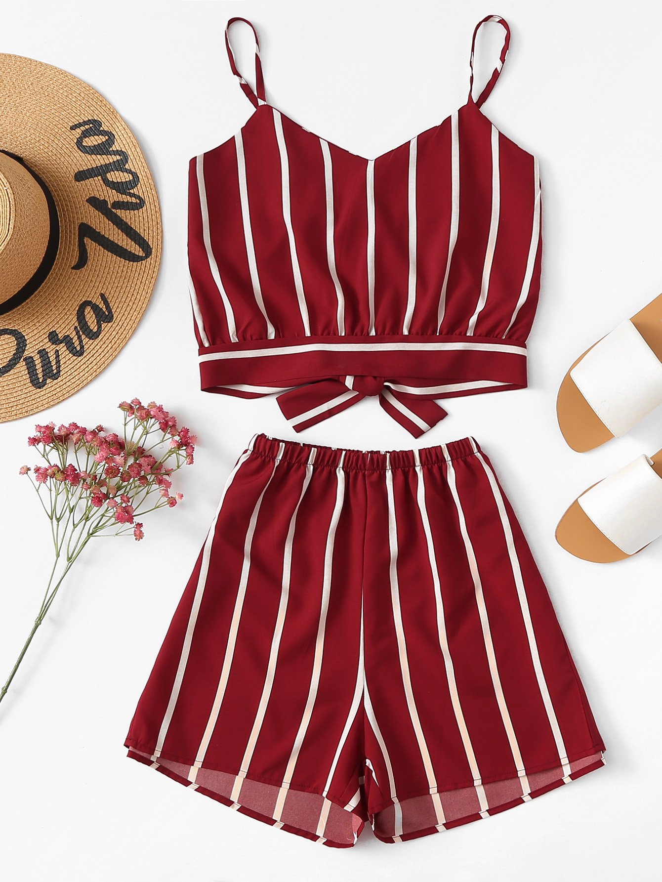 Striped Random Split Bow Tie Back Cami Top With Shorts