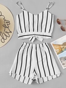 Striped Random Split Bow Tie Back Cami Top With Shorts