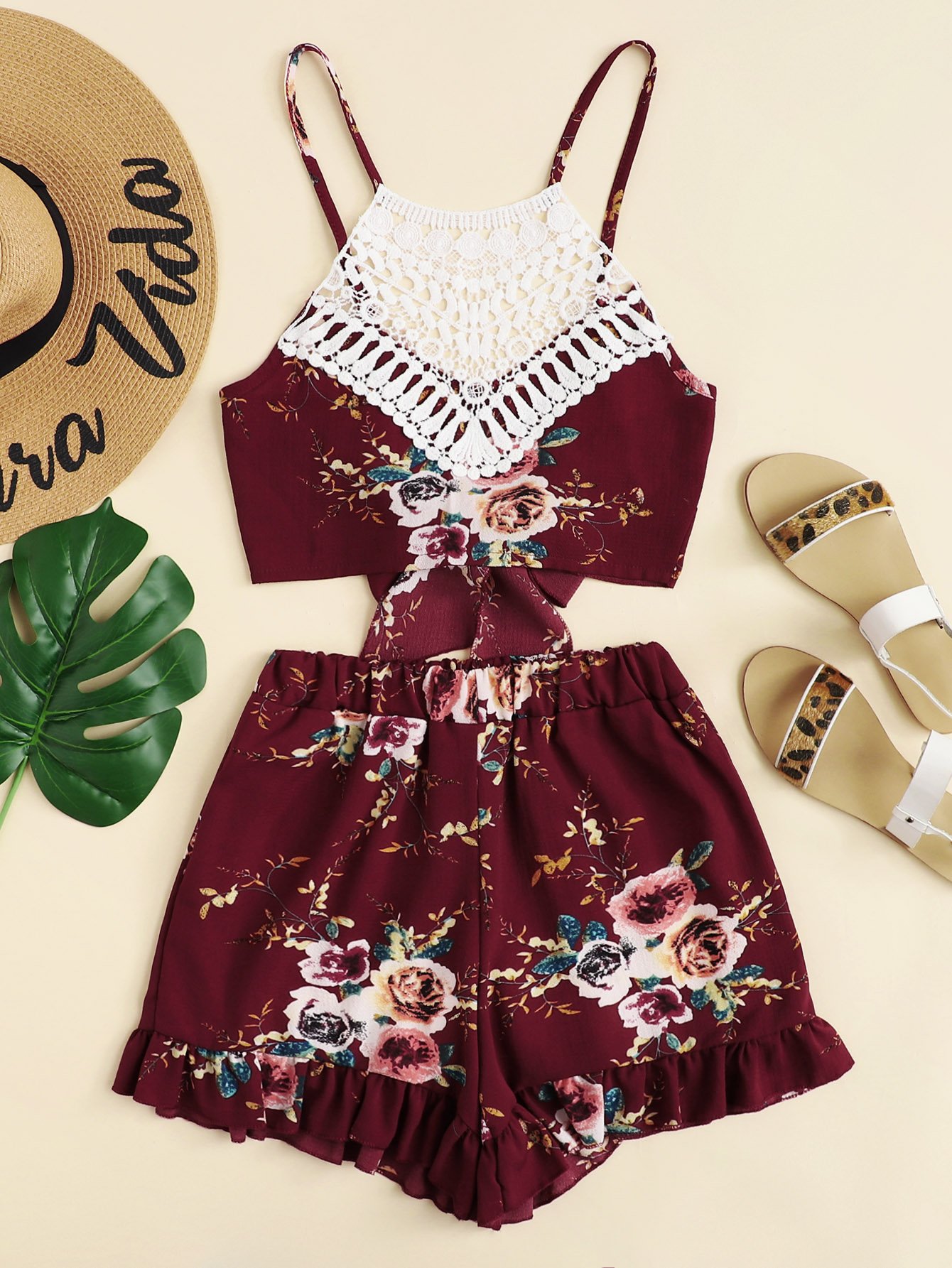 Lace Panel Floral Print Cami Top With Shorts