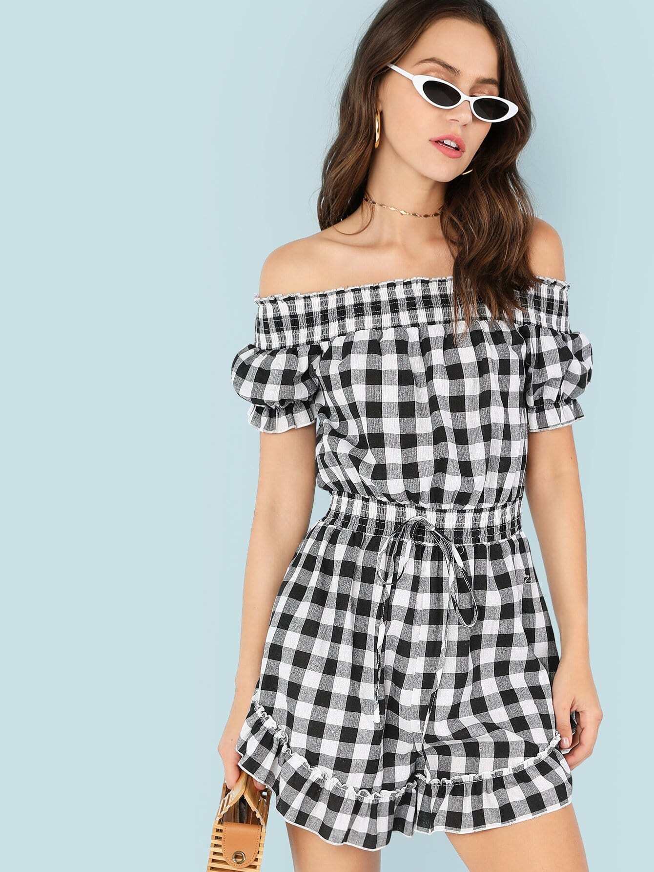 Вышитые детали Ruffle Trim Tassel Tie Waist Plaid Romper