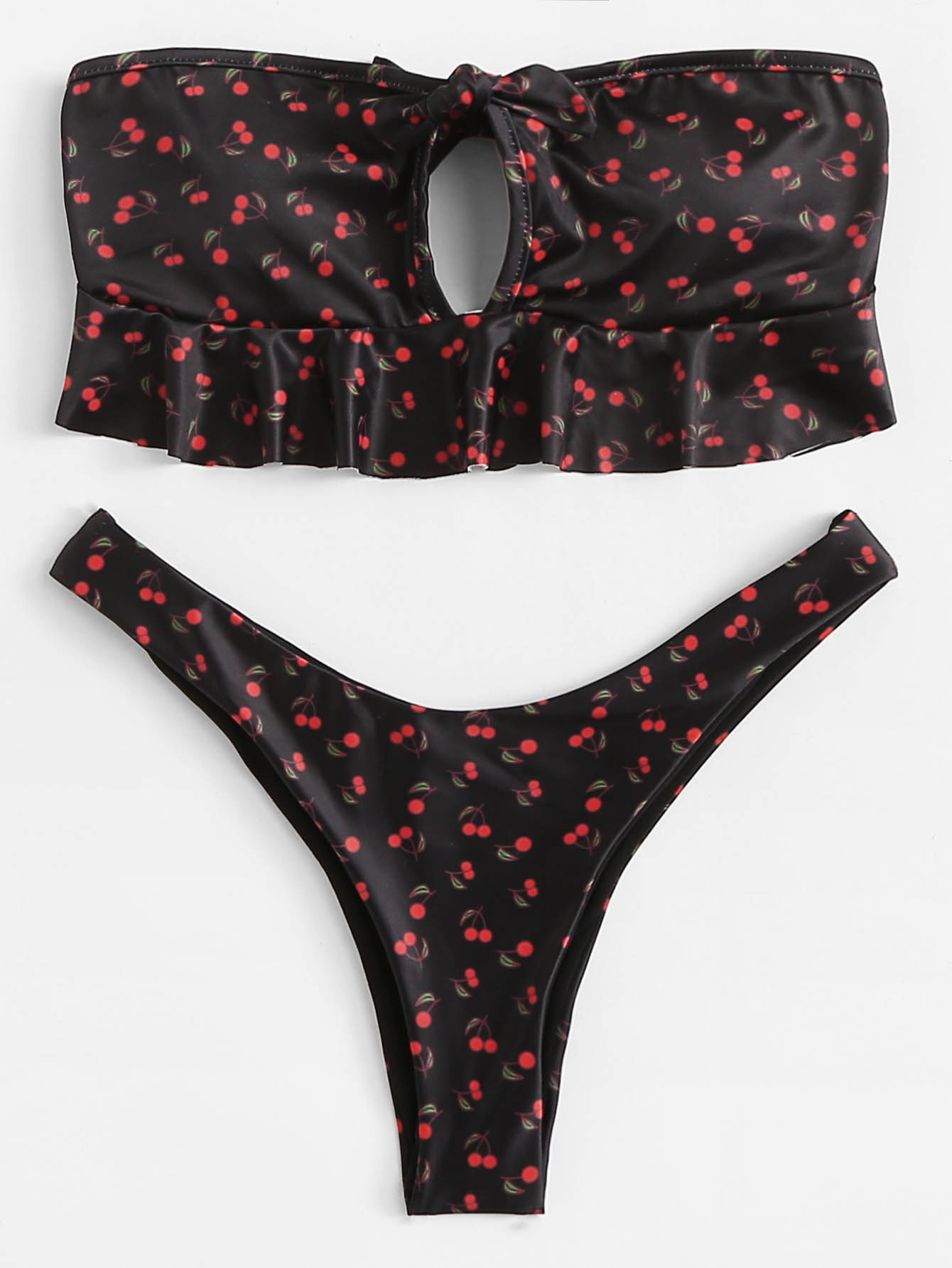 Cherry Print Knot Front Ruffle Bandeau Bikini Set