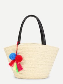 Pom Pom Decorated Straw Tote Bag