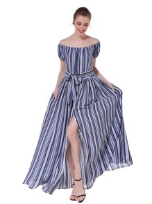 Off-Shoulder Striped Tie Waist Split Dress