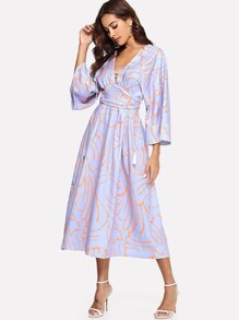 Plunging Kimono Sleeve Tassel Tie Dress