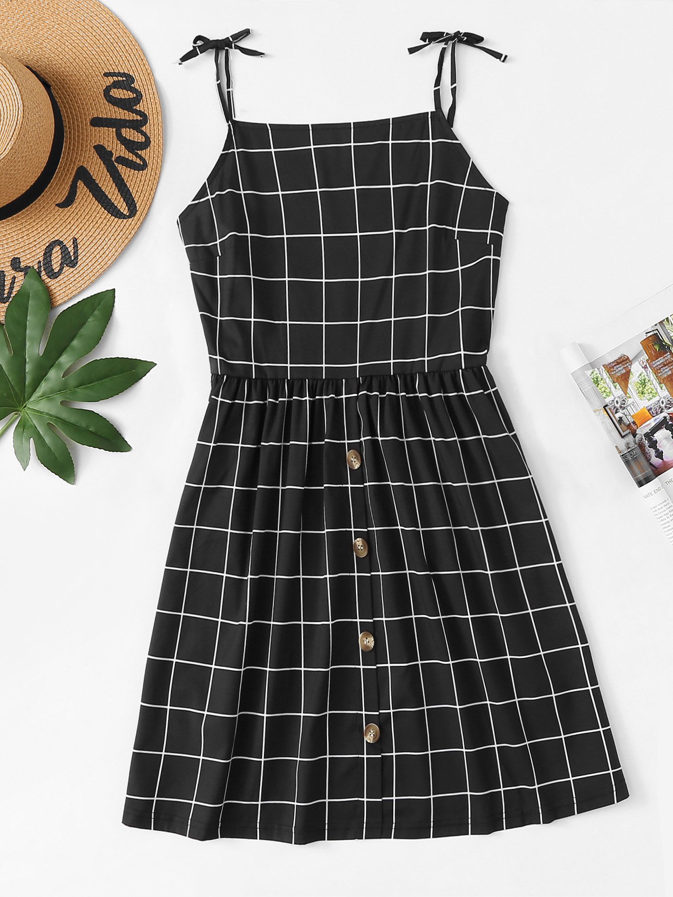 Button Detail Knot Shoulder Plaid Cami Dress