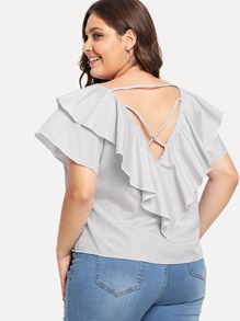 Criss Cross Back Striped Ruffle Blouse