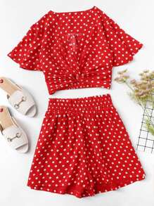 Polka Dot Twist Front Top and Wide Waist Shorts Set