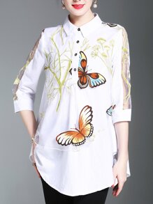 Butterfly Print Mesh Contrast Shirt