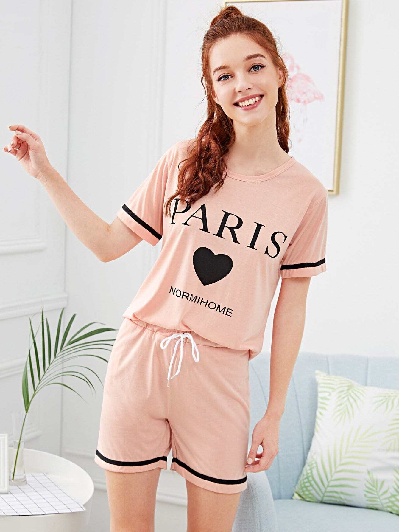 Heart & Letter Print Drawstring Waist Pajama Set