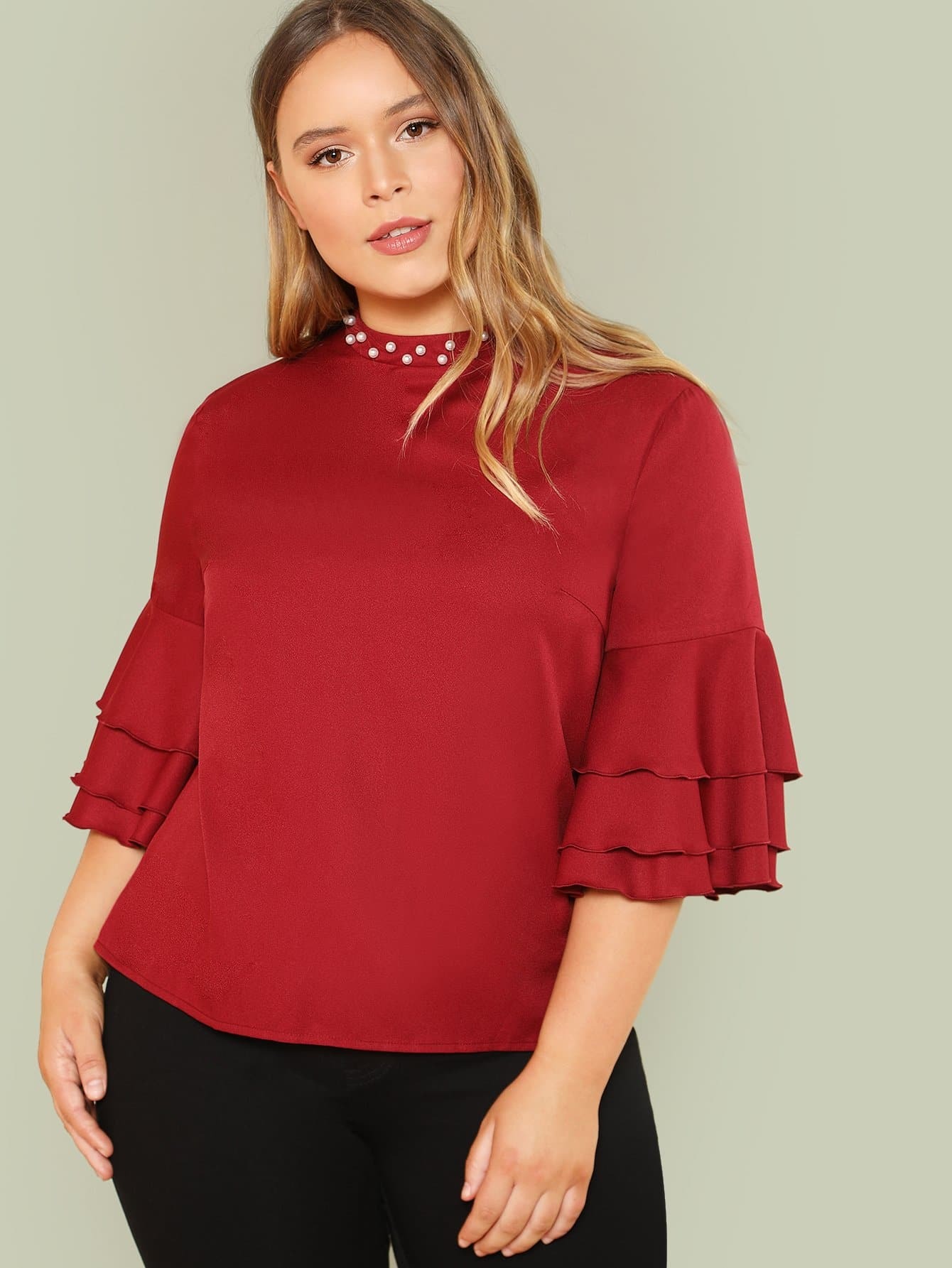 Pearl Beading Mock Neck Layered Sleeve Top mock neck pearl detail puff sleeve tee
