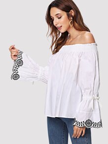 Bell Sleeve Floral Embroidered Off-Shoulder Blouse