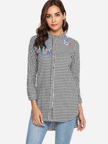 Bird Embroidered Plaid Blouse