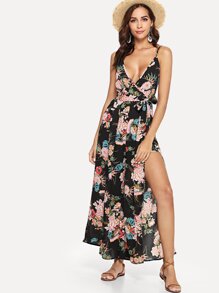 Floral Split Side Tie Waist Strap Jumpsuit